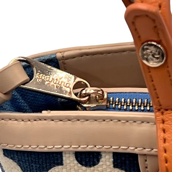 Spartina 449 May River Island Tote Tan Leather Navy Linen Resort Travel Gift Bag - Picture 4 of 10